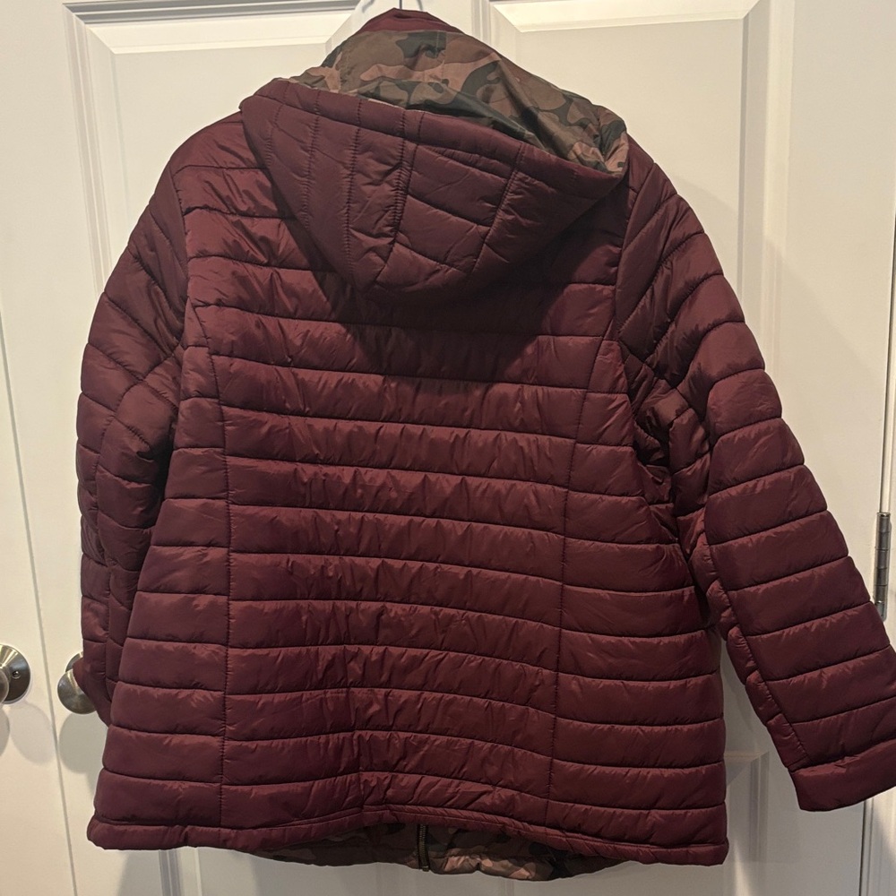 Plus Size Reversable Avenue Maroon Puffer Jacket - Picture 2 of 9